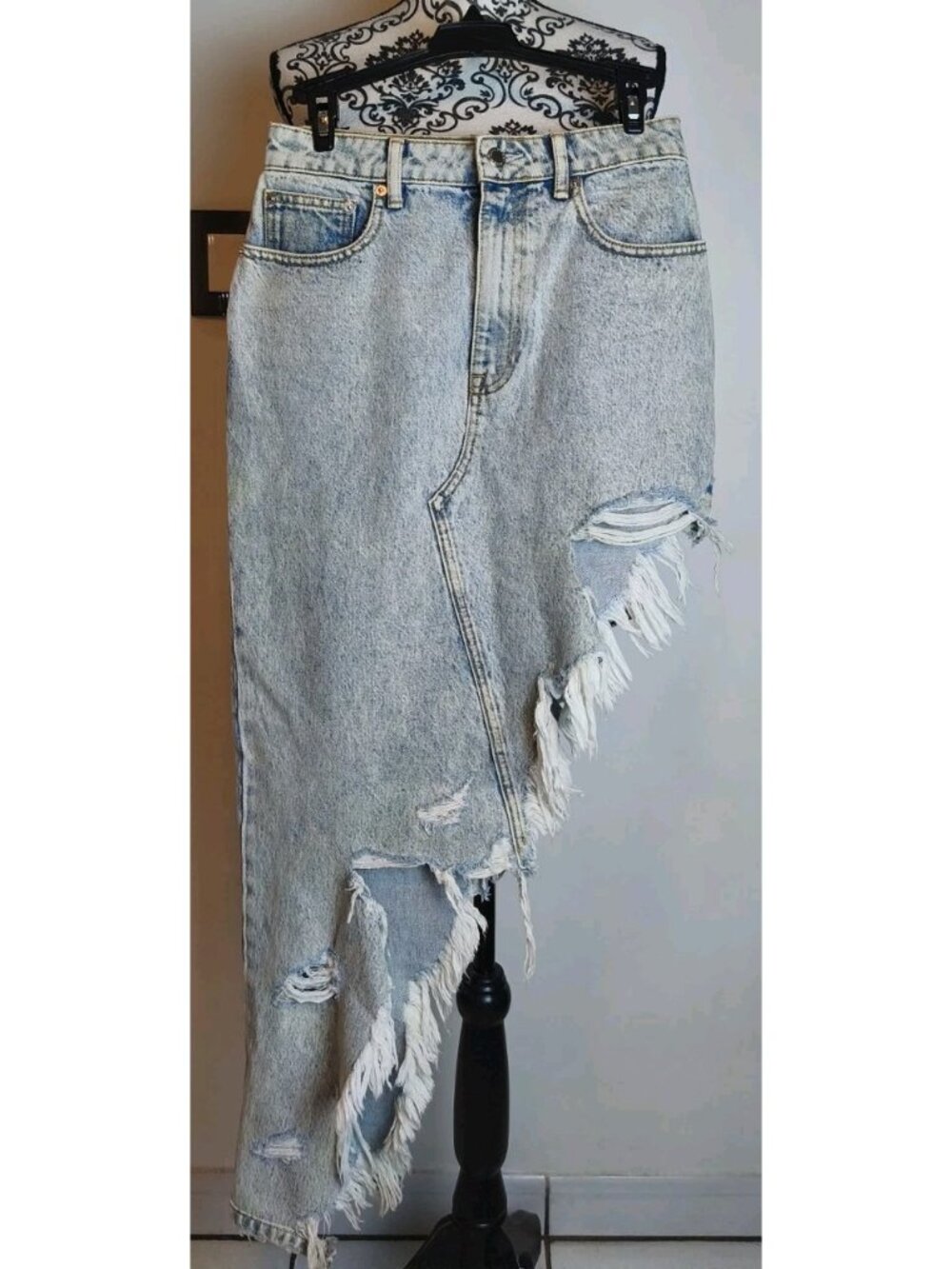 Alexander Wang Asymmetric Distressed Denim Skirt Sz 26 Light Wash Frayed Hem